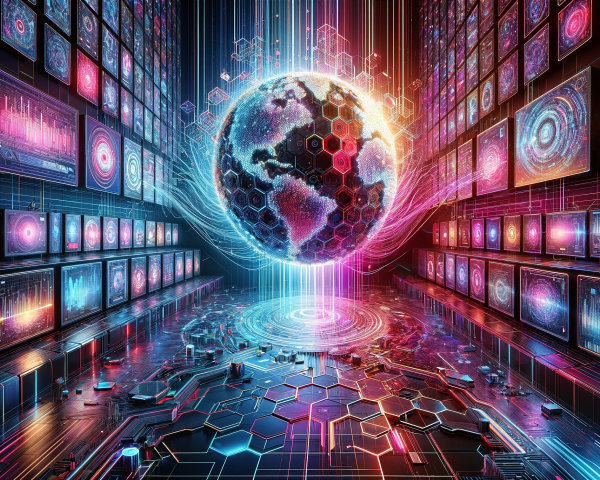 Futuristic Digital Landscape with Glowing Earth and Data Visuals