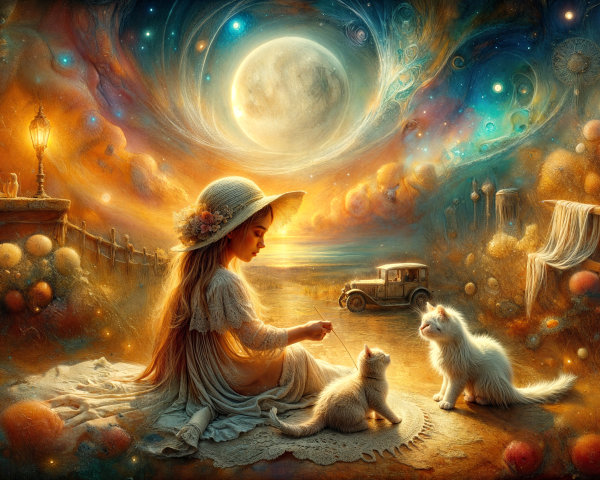 Dreamy Landscape with Girl and Playful Kittens