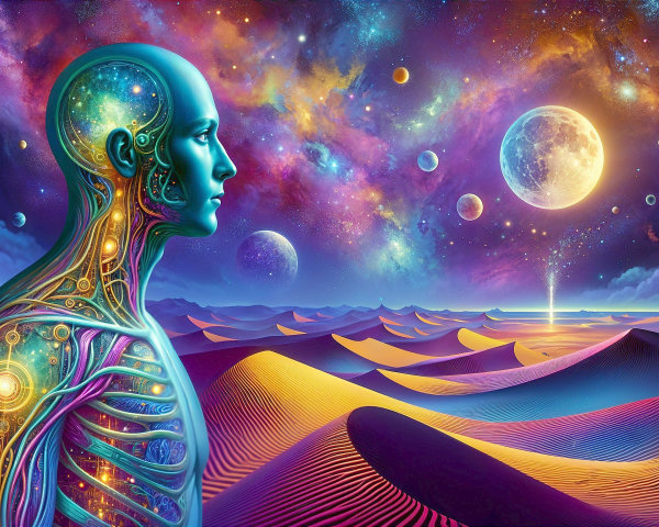 Surreal Humanoid with Translucent Body in Cosmic Desert