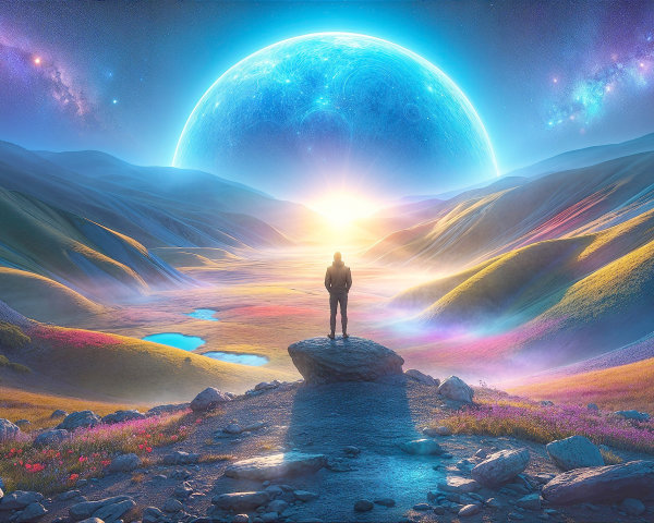 Solitary Figure Overlooking Vibrant Landscape at Sunrise