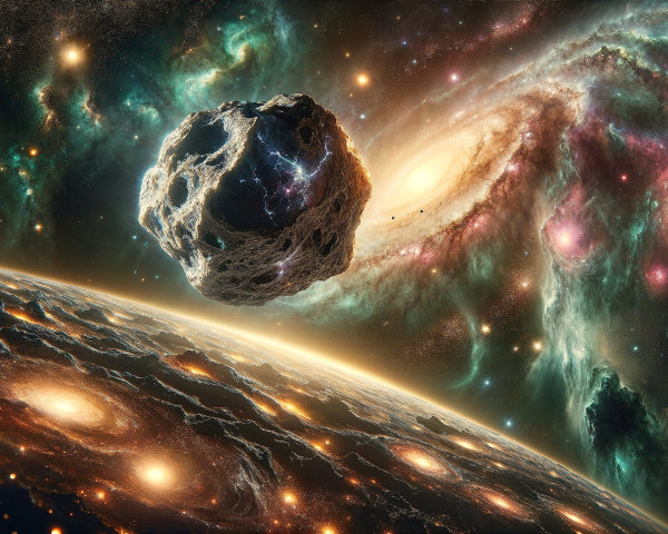 Cosmic Scene of an Asteroid in Vibrant Space Colors