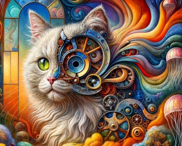 Whimsical Cat with Green Eye in Colorful Background