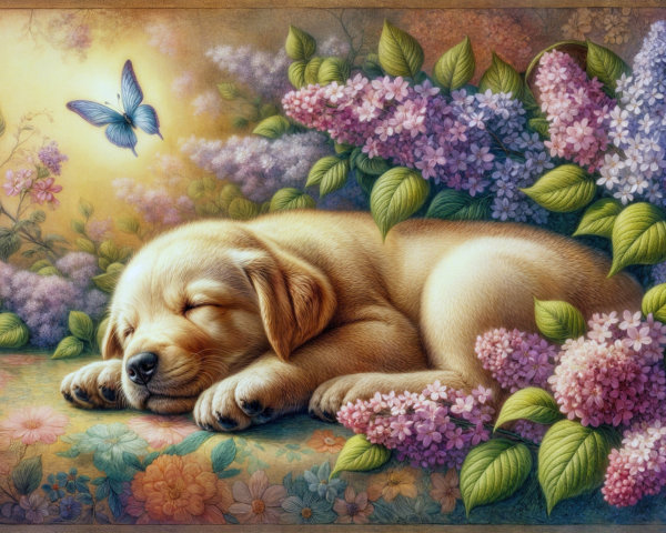 Golden Retriever Puppy Sleeping Among Lilac Flowers
