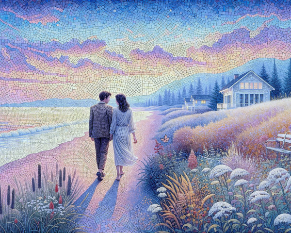 Couple Walking on Beach at Sunset with Floral Scenery