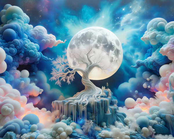 Fantasy Landscape with Moon and Floating Ice Kingdom