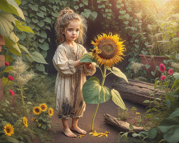 Young girl in a garden with sunflower and flowers
