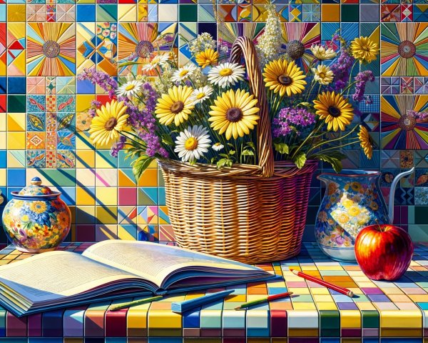 Vibrant Scene with Daisies and Wildflowers in Sunlight
