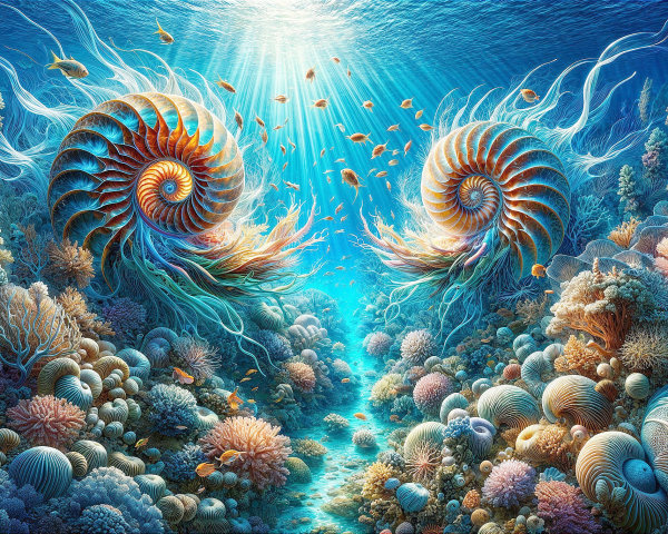 Vibrant Underwater Scene with Nautilus Shells and Corals