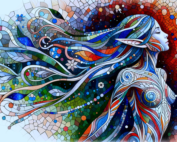 Woman with Flowing Hair in Vibrant Mosaic Background