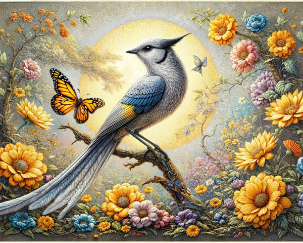 Detailed illustration of a blue jay among flowers