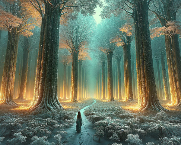 Mystical forest with golden trees and glowing atmosphere