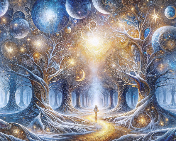 Mystical forest with cosmic light and swirling trees