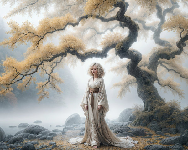 Woman in Kimono Beneath Gnarled Tree with Golden Leaves
