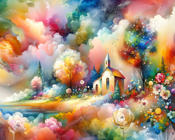 Vibrant Dreamlike Landscape with Quaint Church and Lake