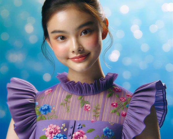 Asian teenage girl in purple dress with floral patterns