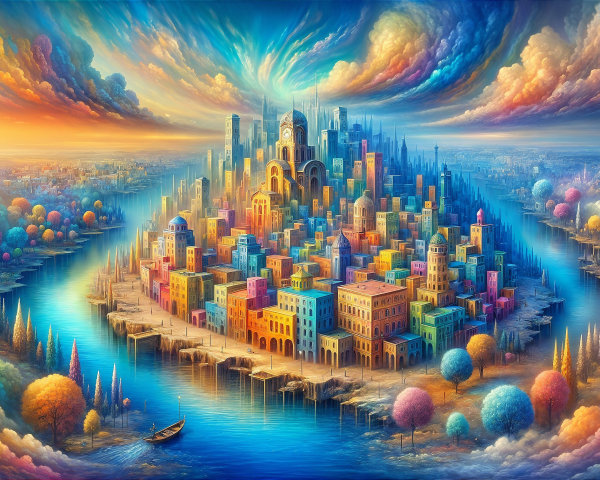 Vibrant Cityscape on an Island by a Shimmering River