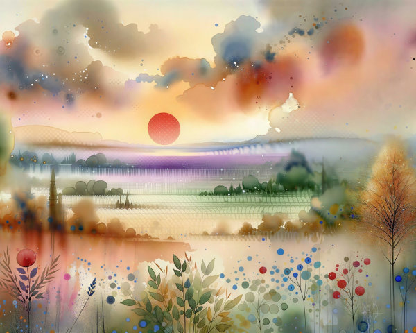 Vibrant Watercolor Landscape with Sunset and Mountains