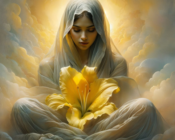 Serene Figure Surrounded by Golden Clouds and Lily