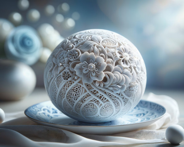 Intricate White Decorative Sphere on Blue Plate