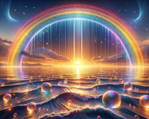 Vibrant Rainbow Over Waterfalls and Serene Sea