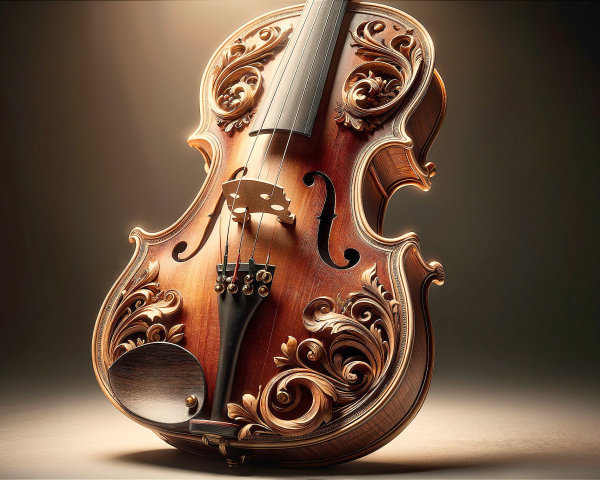 Intricately Carved Wooden Violin with Floral Design
