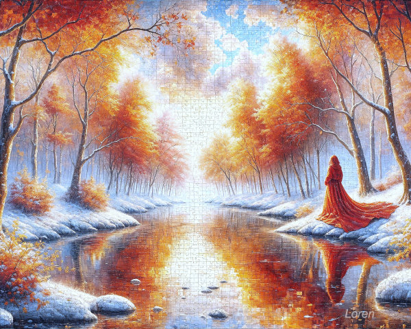 Autumn Landscape with Woman in Red Dress by River