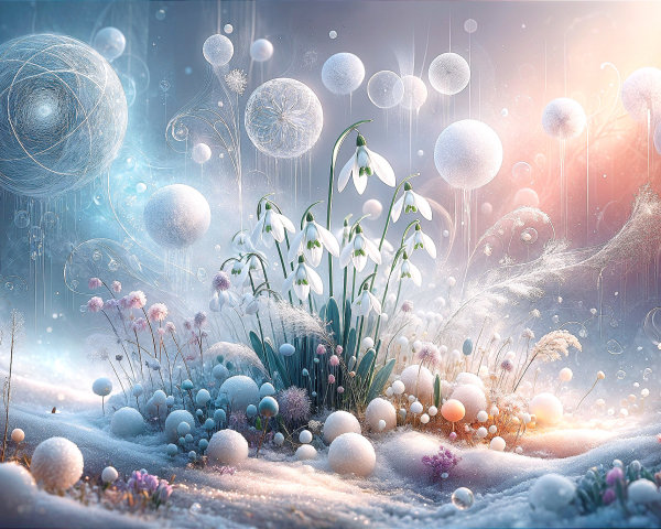 Dreamlike Winter Landscape with Snowdrops and Pastels