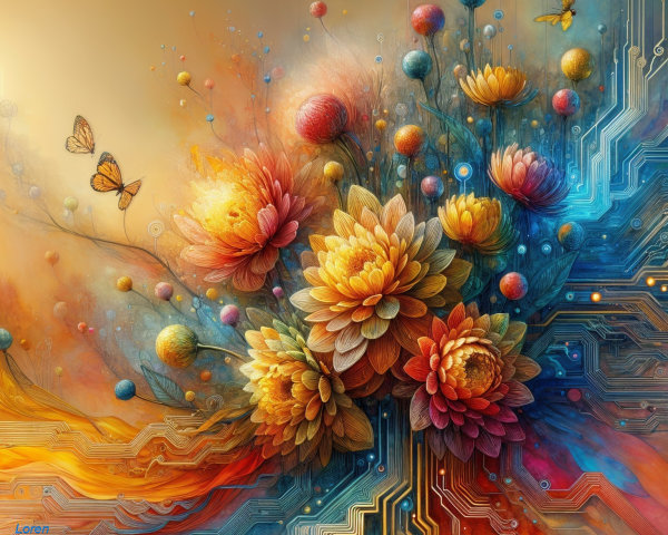 Surreal Composition of Flowers and Circuitry Patterns