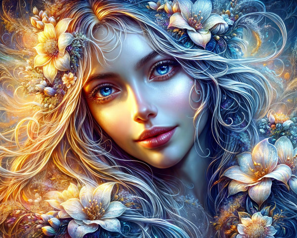 Serene Young Woman with Floral Hair and Blue Eyes