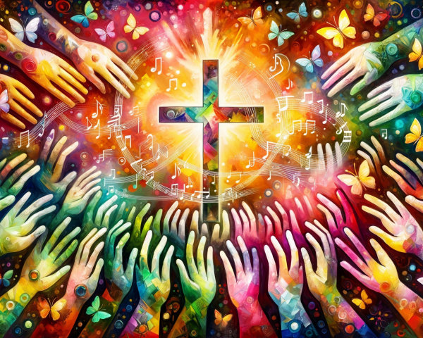 Colorful Scene of Hands Reaching for a Glowing Cross