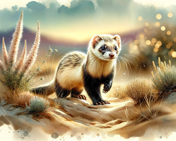 Ferret in Sunlit Landscape with Wildflowers and Grasses