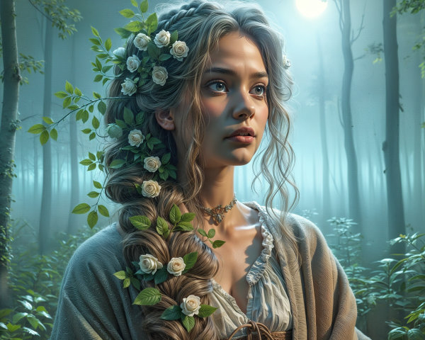 Young woman in a misty forest with floral adornments