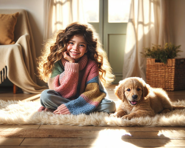 Cozy Room with Girl, Puppy, and Soft Furnishings