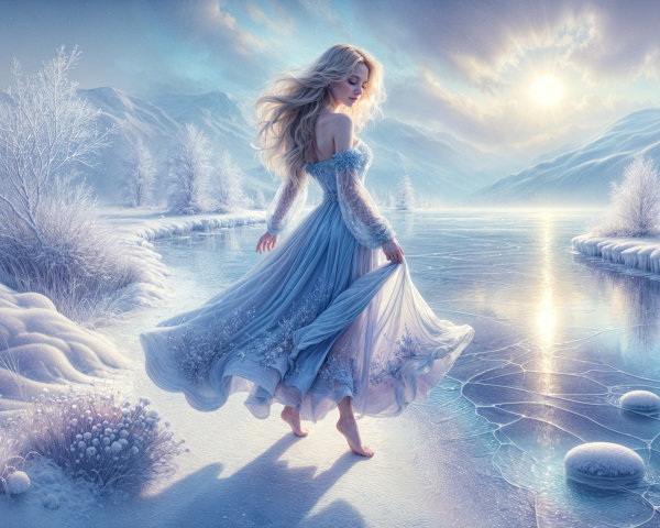 Serene Winter Landscape with Woman in Blue Gown