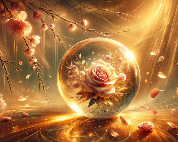 Delicate rose in glass sphere with cherry blossoms