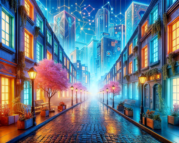 Futuristic Street Scene with Neon Lights and Cherry Blossoms