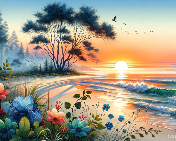 Serene Beach Sunset with Vibrant Flowers and Waves
