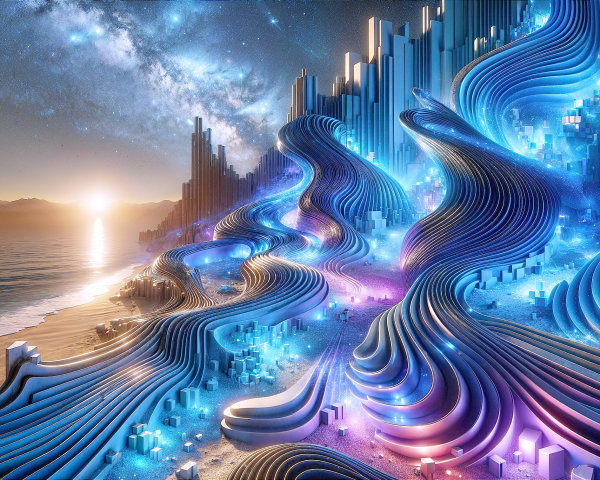 Futuristic Landscape with Iridescent Structures by Ocean