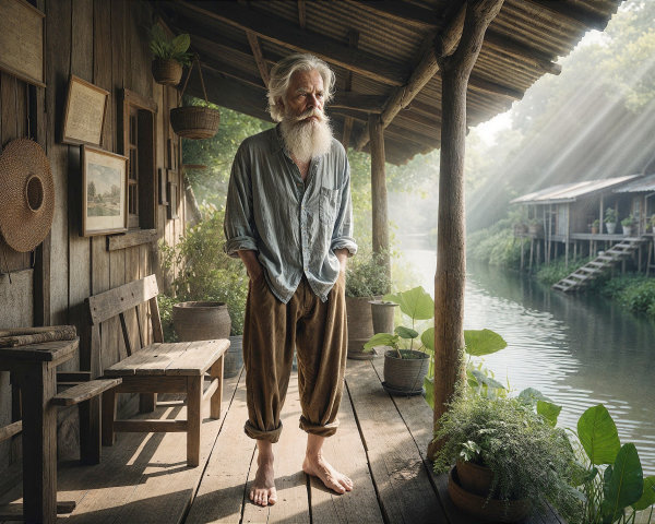 Elderly Man on Sunlit Porch by Tranquil River