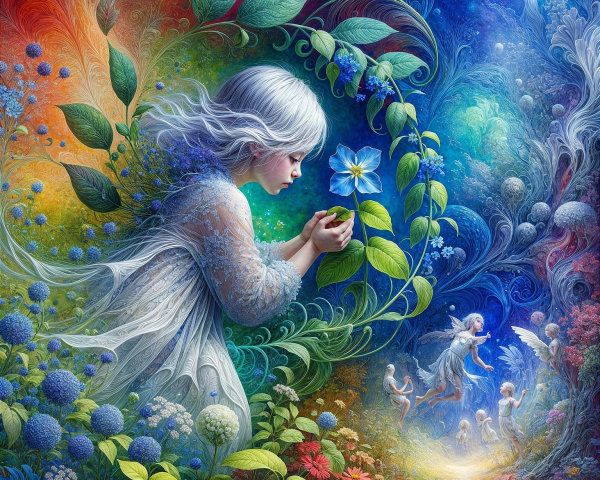Whimsical scene of a girl with a blue flower