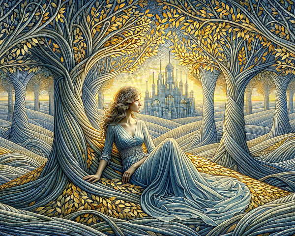 Serene figure in a dreamlike enchanted landscape