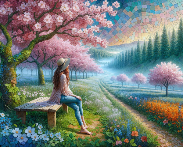Young Woman Seated in a Colorful Blossom Landscape