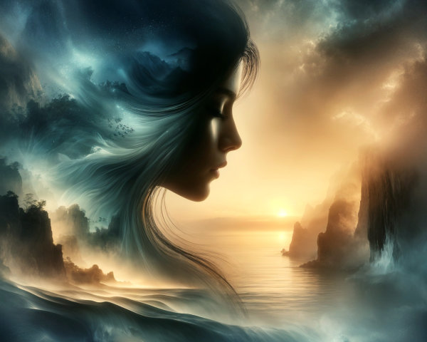 Ethereal Portrait of Woman Amidst Ocean and Sky