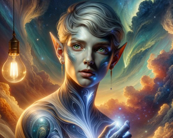 Celestial Figure in Cosmic Swirls and Ethereal Glow