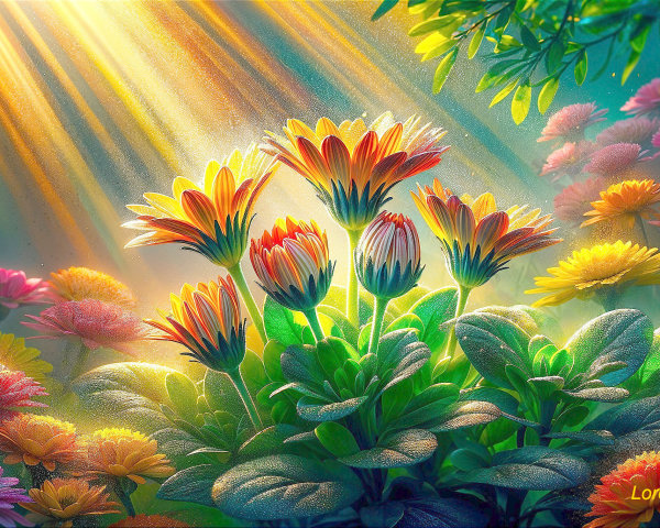 Vibrant Garden Scene with Blooming Flowers and Sunlight