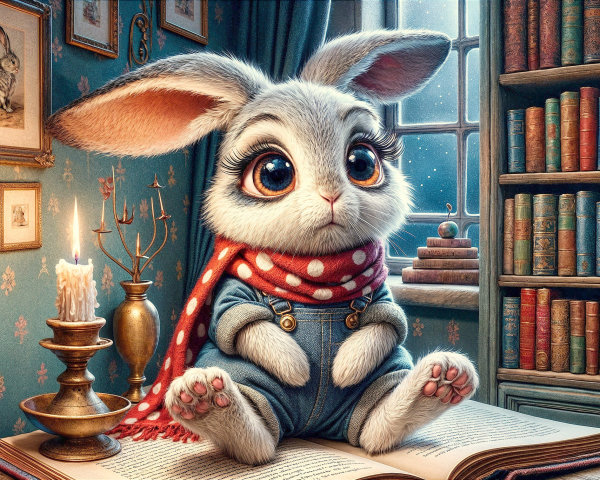 Oversized-eyed rabbit on a book in a cozy room