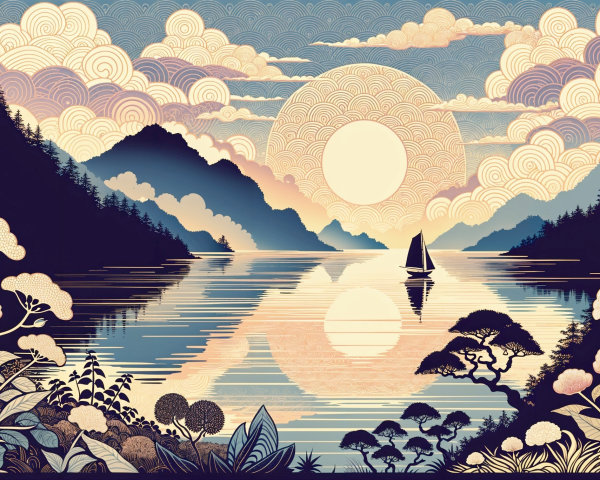 Tranquil River Landscape with Mountains and Sunrise