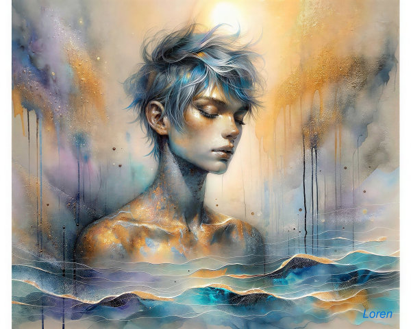 Watercolor Artwork of Serene Figure with Blue Hair