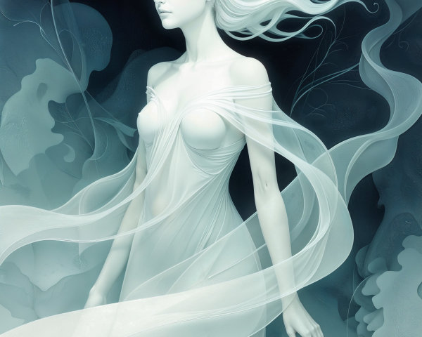 Ethereal Figure in Misty Background with Organic Shapes