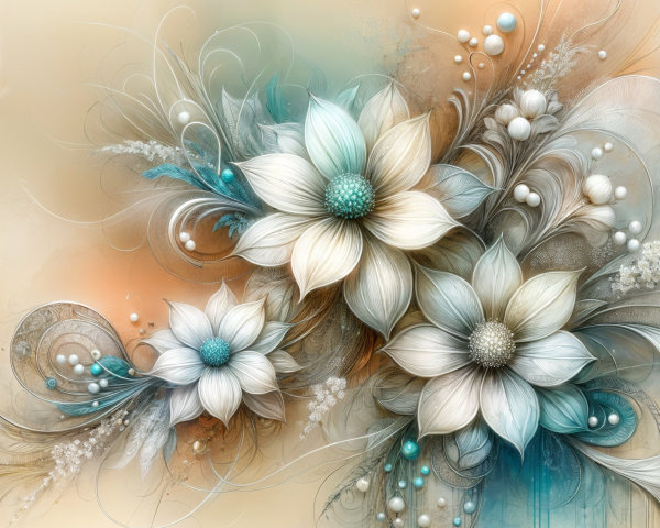 Large Stylized Flowers in Cream and Light Blue